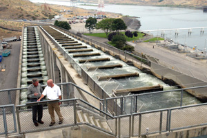 (Tri-City Herald/Bob Brawdy) President Bush, left, speaks with Witt Anderson, a fisheries program biologist with the U.S. Army Corps of Engineers, during a tour of the Ice Harbor Lock and Dam near Burbank.Behind Bush is a fish ladder which allows salmon to get past the dam as they complete their natural migration patterns. Bush was in the state to address environmental and salmon issues.