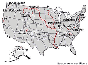 The locations of the 10 most endangered rivers in the United States.