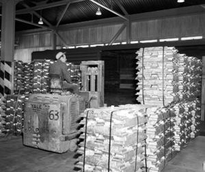 First metal from the AAC plant being loaded onto railroad cars by forklift operator Clifford Shero on Aug. 24, 1955. Photo by Mel Ruder.