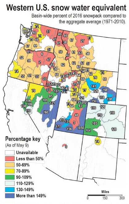 Graphic Map: 2016 snowpack as percent of aggregate average (1971-2010) for Pacific Northwest.