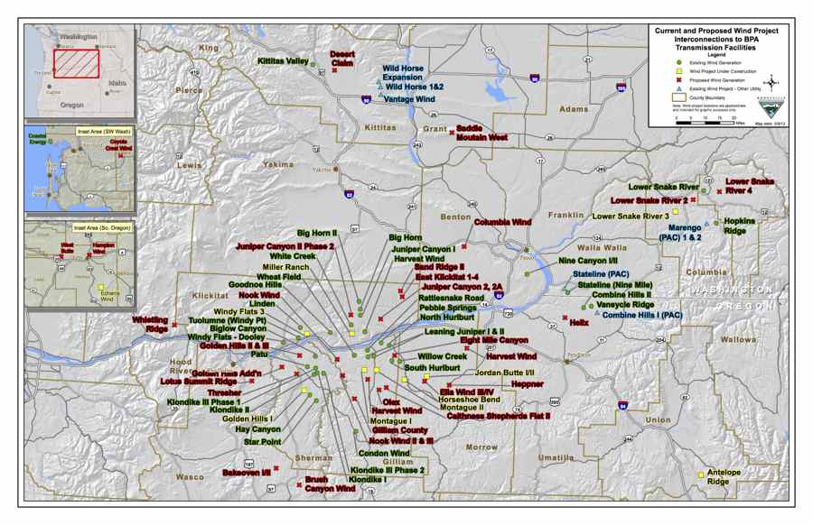 BPA Transmission's current and proposed Wind Project interconnection map (3.6MB PDF) 07/11/2012