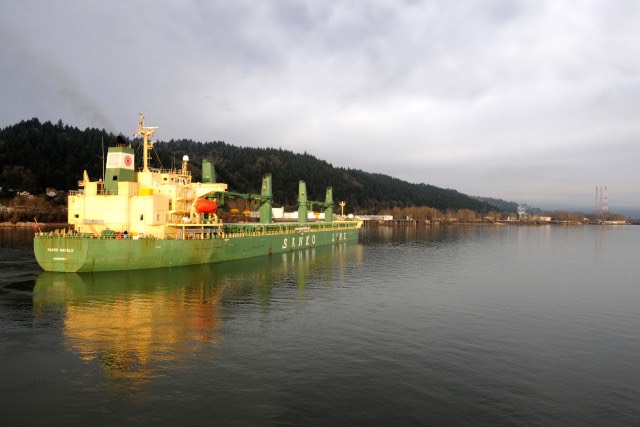 Bulk carriers like this ship can transport a wide variety of cargo in their holds, such as grain and minerals. (Port of Portland photo)