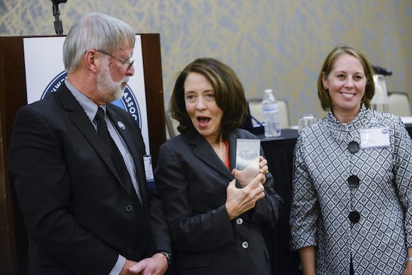U.S. Sen. Maria Cantwell, D-Wash., received an award from the Pacific Northwest Waterways Association at the organization's annual convention on Wednesday, held at the Hilton Vancouver Washington. (Photos by Ariane Kunze/The Columbian)