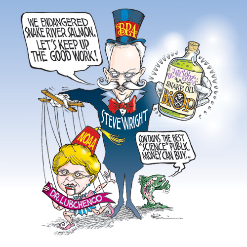 Cartoon: Steve Wright sells snake oil and puppeteers NOAA's Dr. Lubchenco