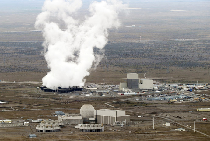 An aerial view of the Columbia Generating Station, a nuclear power plant inside the Hanford nuclear site beside the Columbia River in Hanford, Washington state. (Mark Ralston photo 3/21/11)