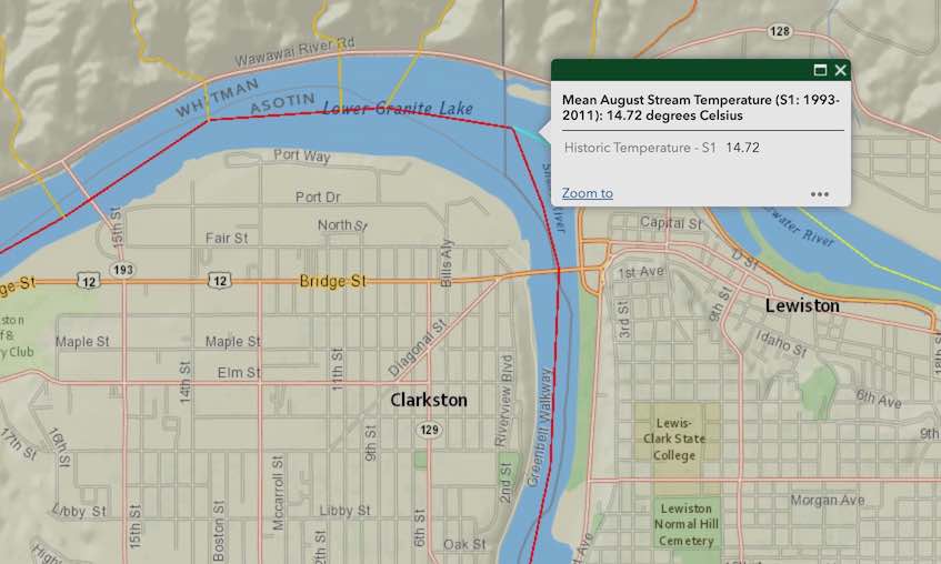 Map: August river temperatures at the confluence of the Clearwater and Snake Rivers, as modeled by Environmental Protection Agency NorWeST in their draft report 'Columbia River Cold Water Refuges'.