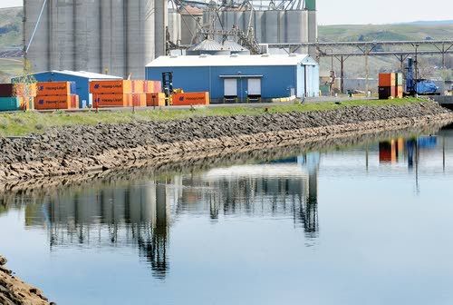 Several Hapag-Lloyd containers sit idle Tuesday at the Port of Lewiston along the banks of the Clearwater River. Hapag-Lloyd, which supplies 90 percent of the containers to Lewiston, has announced it's pulling out of the Port of Portland in Oregon.