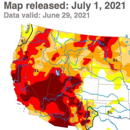 Map: Drought extends through most of western United States in 2021.