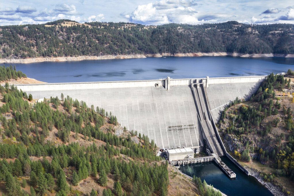 Dworshak Dam was completed in Nez Perce territory on the north fork of the Clearwater River in 1973. At 717 feet it is the third highest in the West, and was built with no fish passage. (Steve Ringman photo)