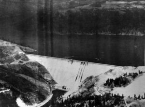 Dworshak Dam, 717 feet high, the highest straight gravity concrete dam in the nation was dedicated June 15, 1973 marking some 50 years of man's dream to harness the hydro-energy potential of the Clearwater. (Corps of Engineers Photo)