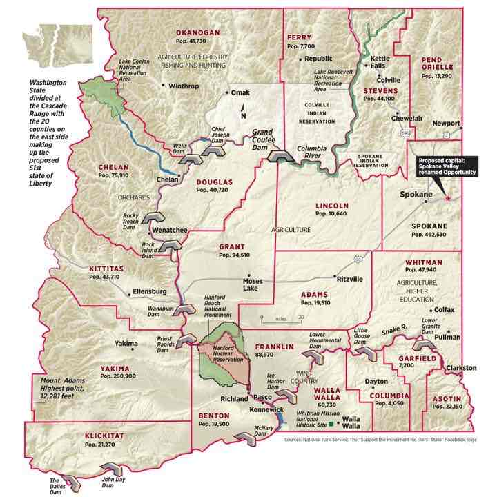 Map: Eastern Washington, what it might look like if it became its own state, the 51st state called 'Liberty'