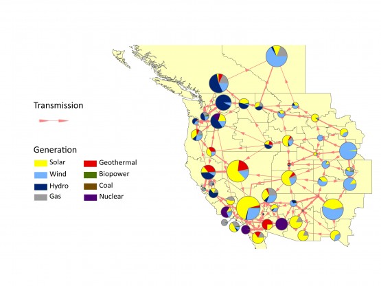 Graphic: A scenario that relies on large-scale wind deployment for 34 percent of its power, and solar generation for 30 percent.