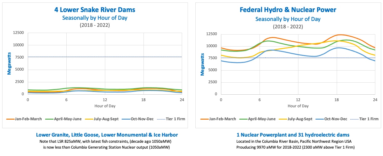 In US Pacific Northwest, Federal Columbia River Power System and one nuclear power plant, Columbia Generating Station, produce around half of the electrical power, with the Lower Snake River representing about 4% of the total.