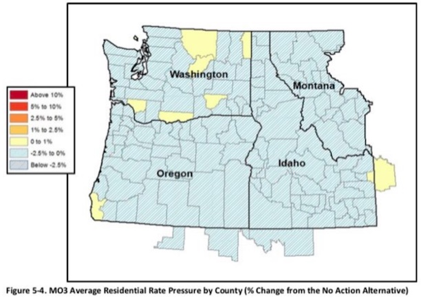 Map: The Draft EIS of the Columbia River System Operations released in March 2020, included this graphic in Appendix H revealing widespread electric retail rate decreases through most of the Northwest.