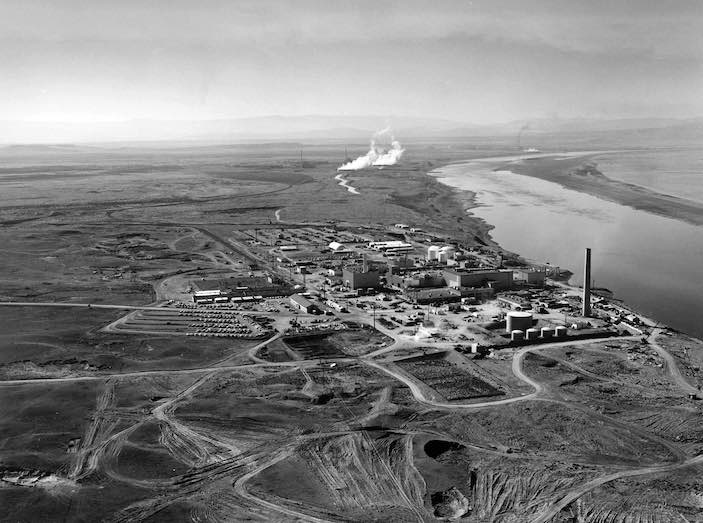 Aerial view of the infamous Atomic Bomb Plant of Hanford, Washington along the banks of the Columbia River.