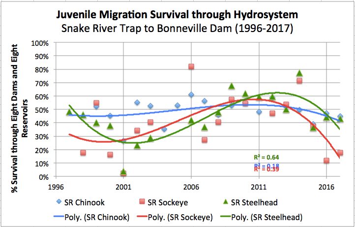Graphic: Survival of salmon smolt during downstream migration throught the federal hydrosystem.