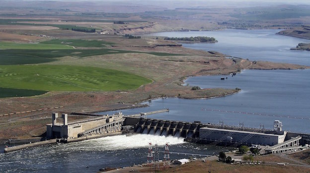 Water spills at Lower Granite Dam, one of the four dams on the lower Snake River that salmon advocates have targeted for breaching.