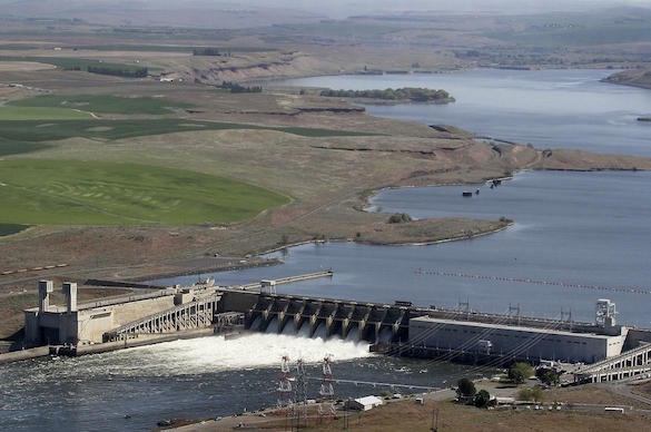 In this 2013 aerial file photo, the Ice Harbor Dam on the Snake River is seen near Pasco, Wash. (Bob Brawdy / Associated Press)