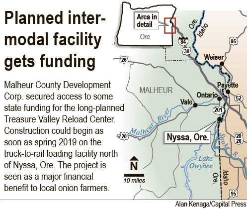 Map: Treasure Valley Reload Center, a truck-to-rail loading facility north of Nyssa, Oregon, is seen as a major financial benefit to local onion farmers.