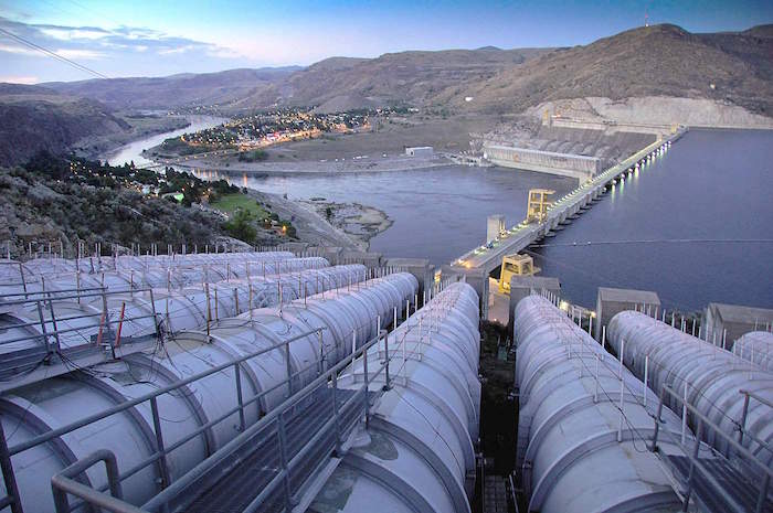 The John Keys Pump Generation Plant intkes are seen at the Grand Coulee Dam.  The 12 pumps send water from the Columbia River to Banks Lake and 670,000 acres of farmland in the Columbia Basin Project in Central Washington state.