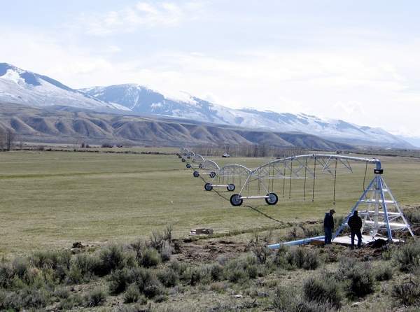 one of the three irrigation pivots that have been installed on the McFarland Livestock Company ranch near Salmon, Idaho. The Lemhi Water Conservation District project improved the efficiency of the ranch's irrigation setup. (Quinton Snook/Lemhi Water Conservation District)