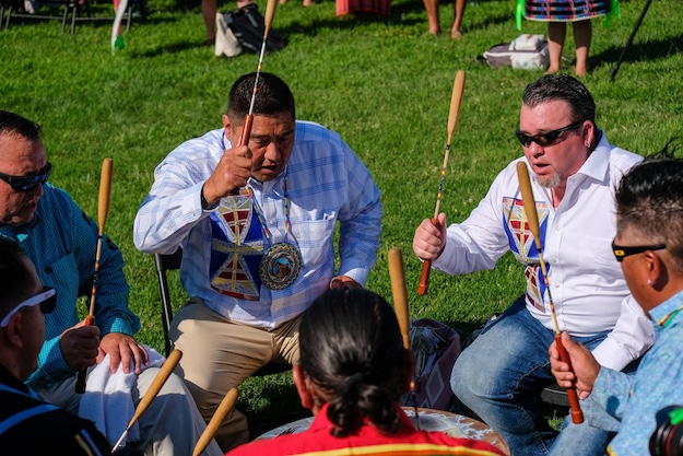 Lightning Creek, a Nez Perce drumming group, kicks off a rally outside the U.S. Capitol on July 14, 2022, organized by Northwest tribes in support of breaching the Lower Snake River dams to help restore salmon runs. (Orion Donovan-Smith, The Spokesman-Review)