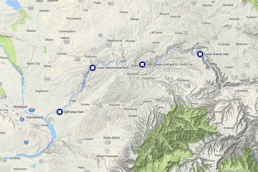 Map: Four dams on the Lower Snake River in southeastern Washington are being seriously considered for removal.