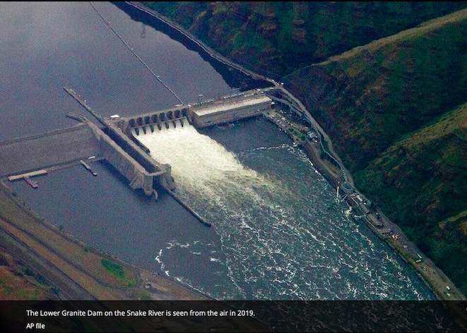 The Lower Granite Dam on the Snake River is seen from the air in 2019. (AP File Photo)