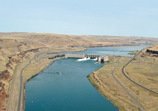 Lower Monumental dam impounds water extending 42 miles upstream.