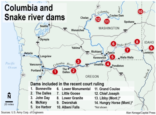 Map of Columbia and Snake River dams: Bonneville, The Dalles, John Day, McNary, Ice Harbor, Lower Monumental, Little Goose, Lower Granite, Dworshak, Albeni Falls, Grand Coulee, Chief Joseph.