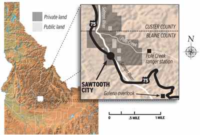 Map: The shaded area of this map shows land in the upper Sawtooth Valley along Pole Creek. (map by Tony Barriatua)