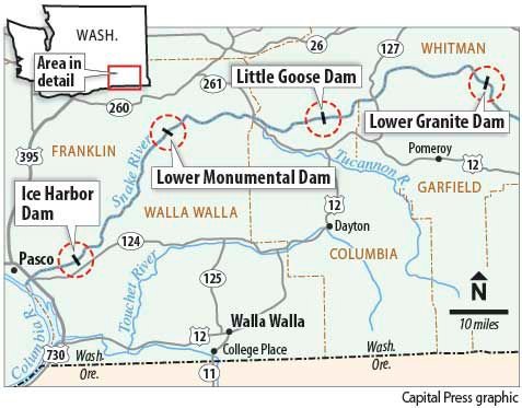 Map: The four lower Snake River dams (Capital Press graphic)