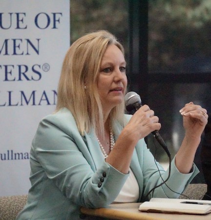 Washington State's 9th Legislative District Position 1 incumbent Mary Dye, R-Pomeroy, answers questions at a voters forum held by the League of Women Voters of Pullman at the Neill Public Library on July 18..