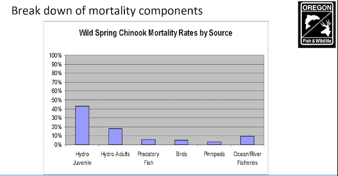 Graphic: Breakdown of salmonid mortality by component: Hydropower, Fisheries, and Predation. (Oregon Department of Fish & Wildlife)