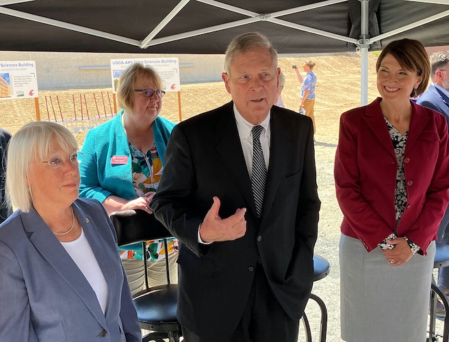 From left, Sen. Patty Murray, D-Wash., Agriculture Secretary Tom Vilsack and Rep. Cathy McMorris Rodgers, R-Wash., speak to reporters Aug. 1 following a groundbreaking ceremony for the new USDA ARS research building on the Washington State University campus in Pullman, Washington.