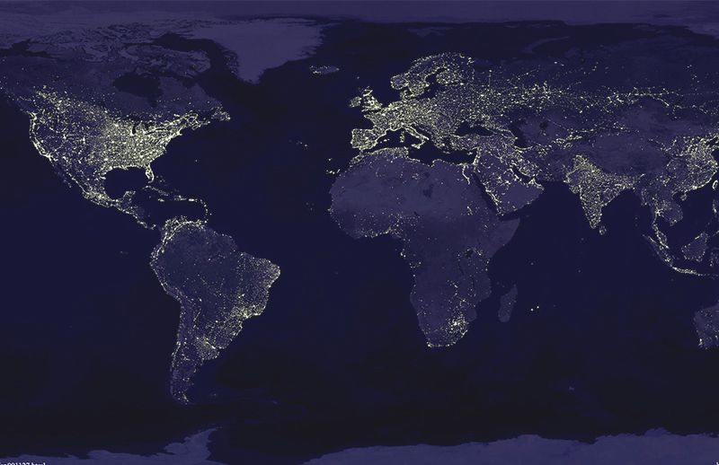 (NASA) A satellite view of the earth at night. As the world rapidly develops and becomes more urban, use of artificial light is growing as much as 20 percent a year in some regions. Now, only the planet's remotest regions -- Siberia, the Tibetan plateau, the Sahara Desert, the Amazon, and the Australian outback -- remain cloaked in darkness.