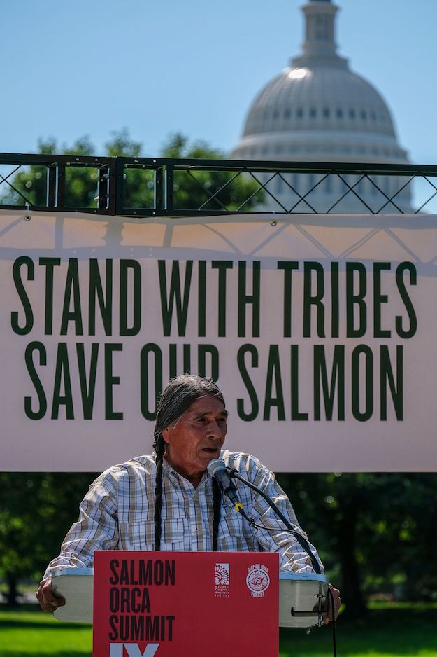 Nathan Small, chairman of the Shoshone-Bannock Tribes' Fort Hall Business Council, speaks at a rally outside the U.S. Capitol on July 14, 2022, organized by Northwest tribes in support of breaching the Lower Snake River dams to help restore salmon runs. (Orion Donovan-Smith, The Spokesman-Review)