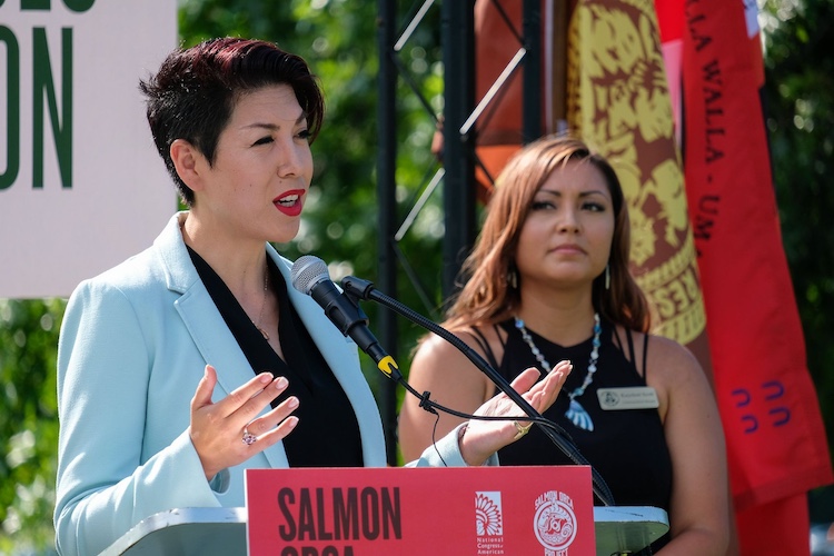 Paulette Jordan, a former Idaho state lawmaker and former member of the Coeur d'Alene Tribal Council, speaks at a rally outside the U.S. Capitol on July 14, 2022, organized by Northwest tribes in support of breaching the Lower Snake River dams to help restore salmon runs. (Orion Donovan-Smith, The Spokesman-Review)