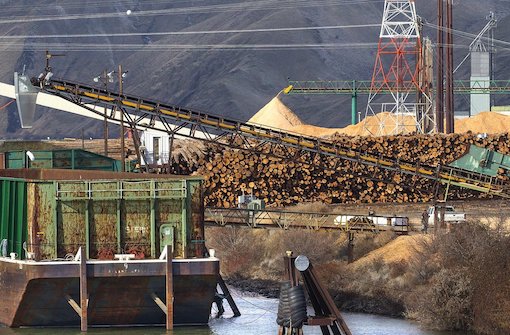 A barge awaits filling at the Port of Wilma on the Snake River near Clarkston — just short of the eastern end of the line for goods shipped up and down the lower Snake. (Mike Siegel / The Seattle Times)