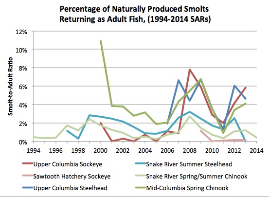 Graphic: Percentage of Naturally Produced Smolts Returning as Adult Fish 1994-2014, (Chinook, Steelhead and Sockeye Salmon)