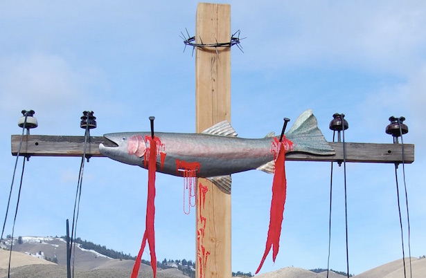 Artistic Expression: Crucifixion of a salmon for the sake of electric power production in Salmon Idaho by Wil Wilkins and erected on Good Friday 2018.