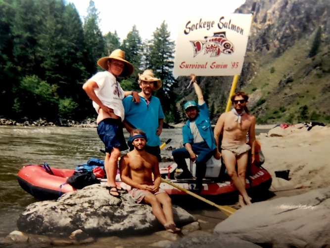 Akins (seated, center left) and the other swimmers on the upper Salmon River. (Courtesy Roy Akins)
