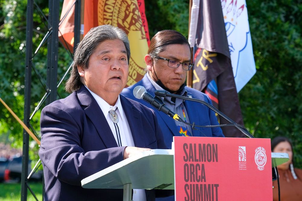 Samuel Penney, chairman of the Nez Perce Tribal Executive Committee, speaks at a rally outside the U.S. Capitol on July 14, 2022, organized by Northwest tribes in support of breaching the Lower Snake River dams to help restore salmon runs. (Orion Donovan-Smith, The Spokesman-Review)