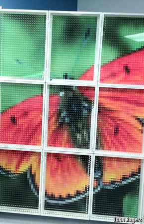 Seen from the sun's point of view, these solar panels appear black because the lenses are focused on the stacks, which absorb all the light falling on them. Viewed obliquely, however, their foci are on other parts of the panel. (photo  John Rogers)