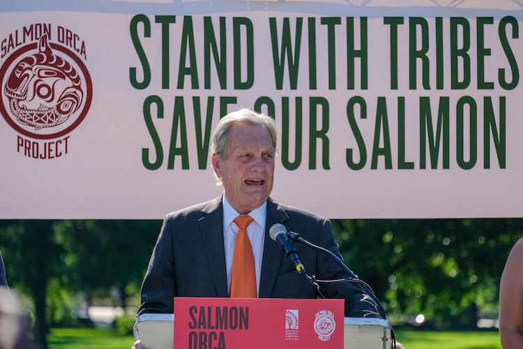 Rep. Mike Simpson, R-Idaho, speaks at a rally outside the U.S. Capitol on July 14, 2022, organized by Northwest tribes in support of breaching the Lower Snake River dams to help restore salmon runs. (Orion Donovan-Smith, The Spokesman-Review)