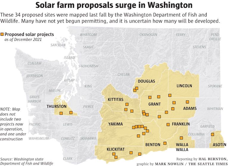 Map: Solar Farm proposed sites mapped by Washington Department of Fish & Wildlife.  Many have not yet begun permitting, and it is uncertain how many will be developed.  Map does not include two projects now in operation, and one under construction.