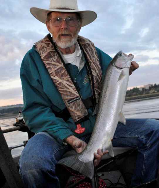 Jim Kujala hauls in a hatchery steelhead from the lower Clearwater River. (Rich Landers photo)