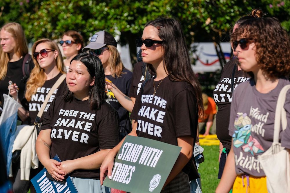 Audience members at a rally outside the U.S. Capitol on July 14, 2022, organized by Northwest tribes in support of breaching the Lower Snake River dams to help restore salmon runs. (Orion Donovan-Smith, The Spokesman-Review)