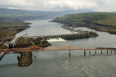 Aerial view of The Dalles Dam on the Columbia River which defines much of the border between Washington and Oregon.