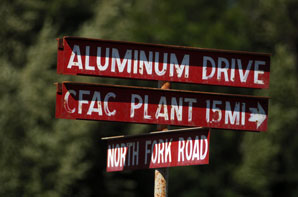 (Lido Vizzutti) Street sign at North Fork Road & Aluminum Drive, CFAC Plant 15 miles